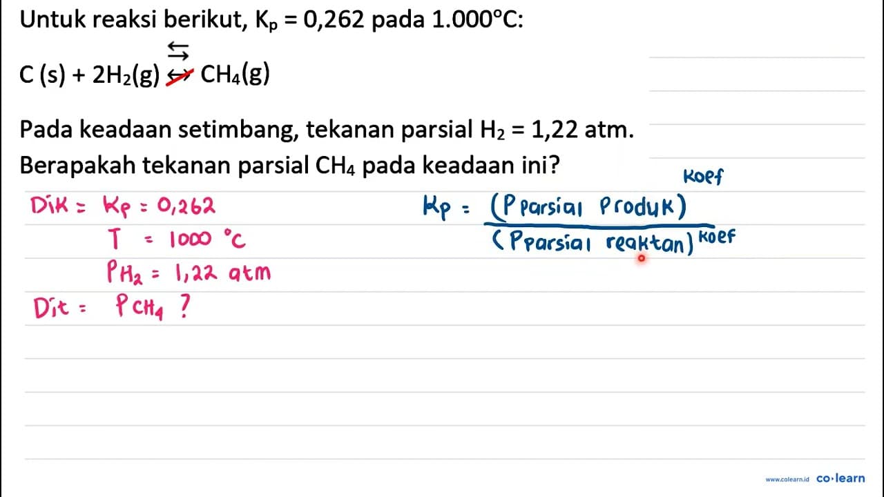 Untuk reaksi berikut, K_(p)=0,262 pada 1.000 C : C(s)+2