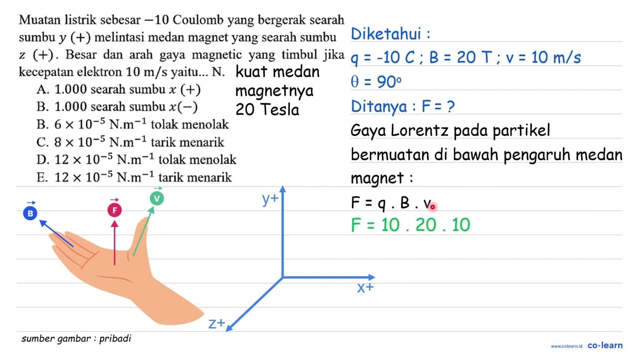 Muatan listrik sebesar -10 Coulomb yang bergerak searah