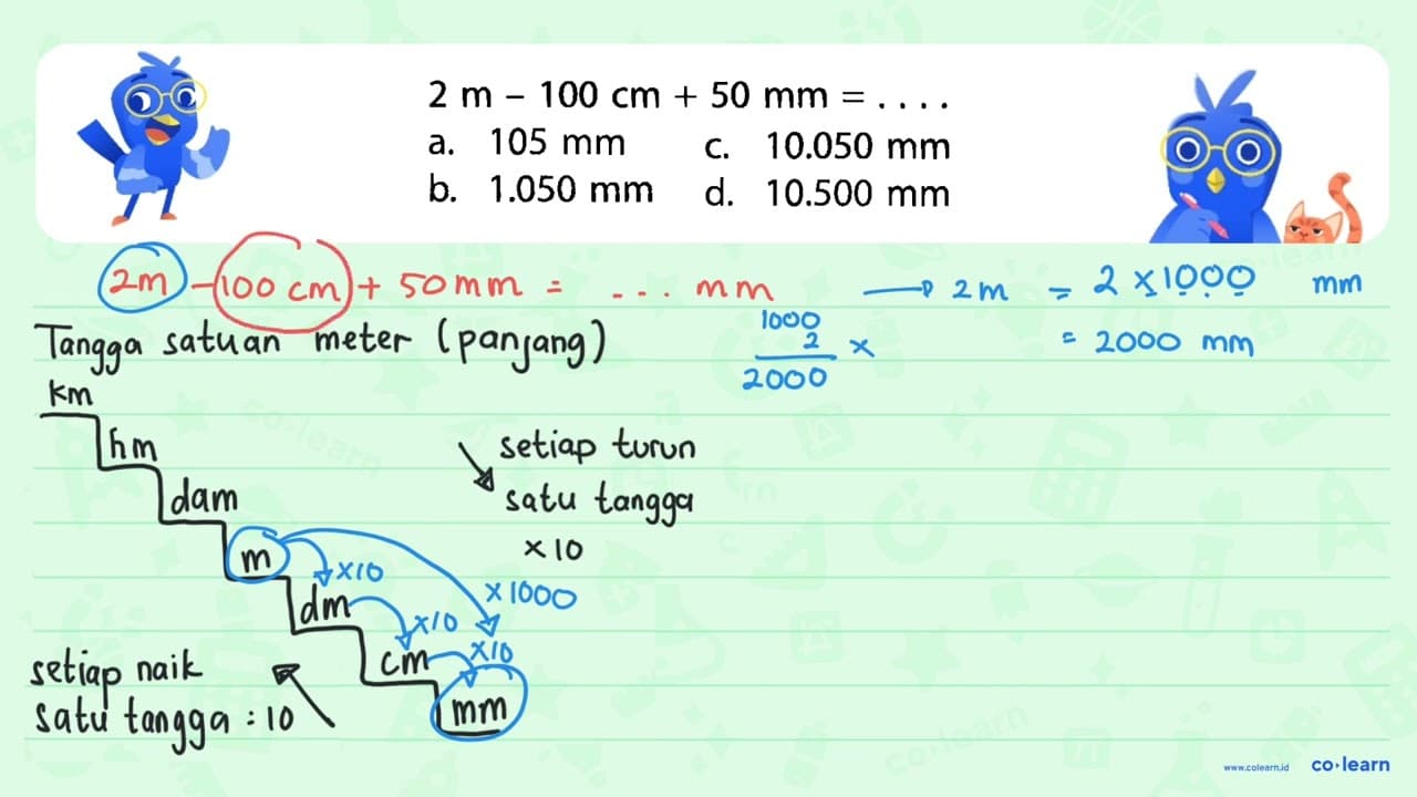 2 m - 100 cm 50 mm = a. 105 mm 10.050 mm C b_ 1.050 mm d.