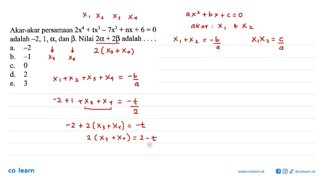 Akar-akar persamaan 2x^4+tx^3-7x^2+nx+6=0 adalah