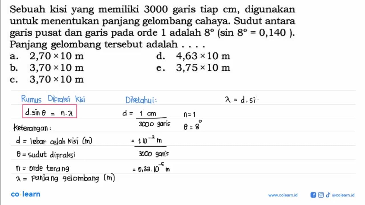 Sebuah kisi yang memiliki 3000 garis tiap cm , digunakan