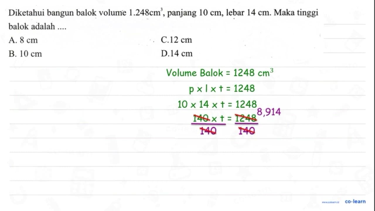 Diketahui bangun balok volume 1.248 cm^3 , panjang 10 cm ,