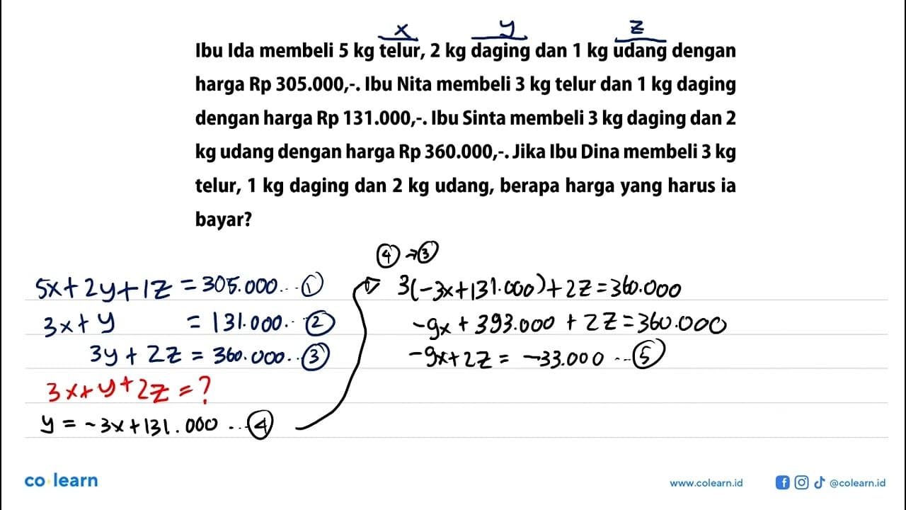 Ibu Ida membeli 5 kg telur, 2 kg daging dan 1 kg udang