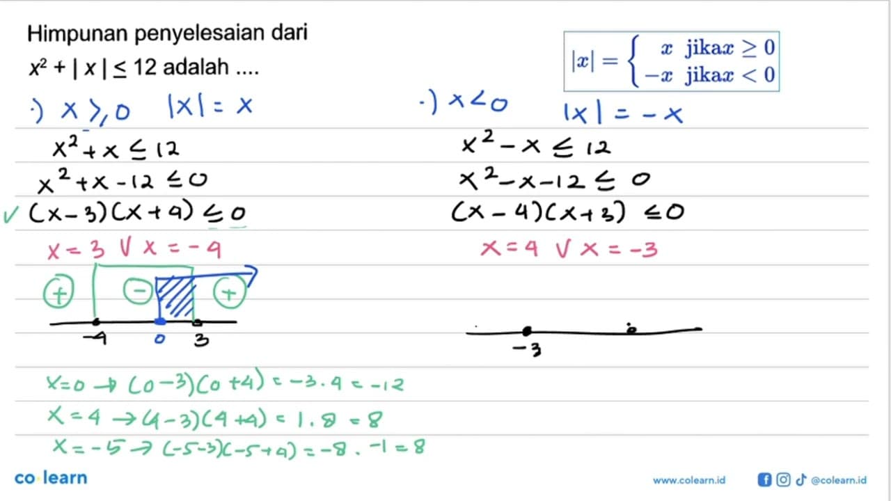 Himpunan penyelesaian dari x^2 + |x | <= 12 adalah...