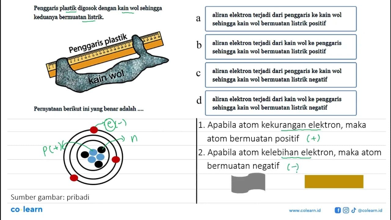 Penggaris plastik digosok dengan kain wol sehingga keduanya