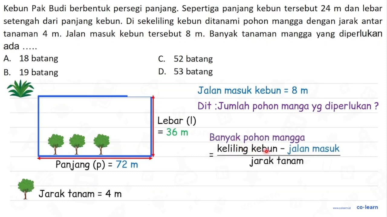 Kebun Pak Budi berbentuk persegi panjang. Sepertiga panjang