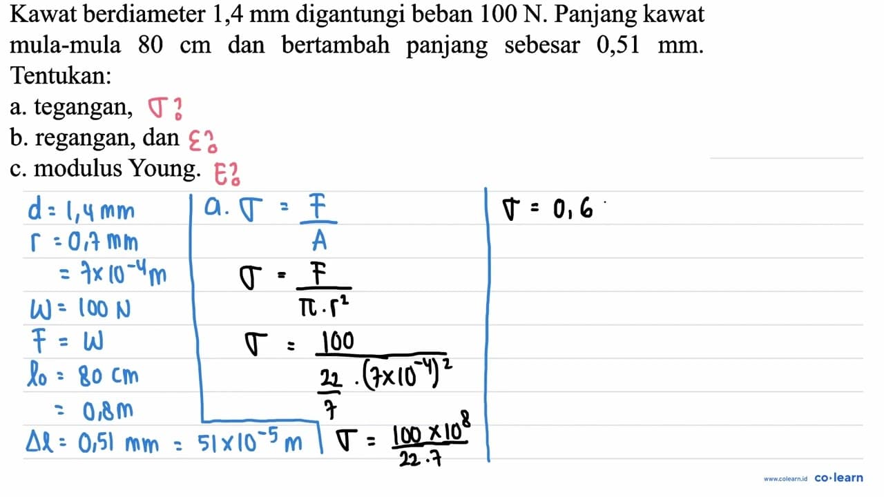 Kawat berdiameter 1,4 mm digantungi beban 100 N . Panjang