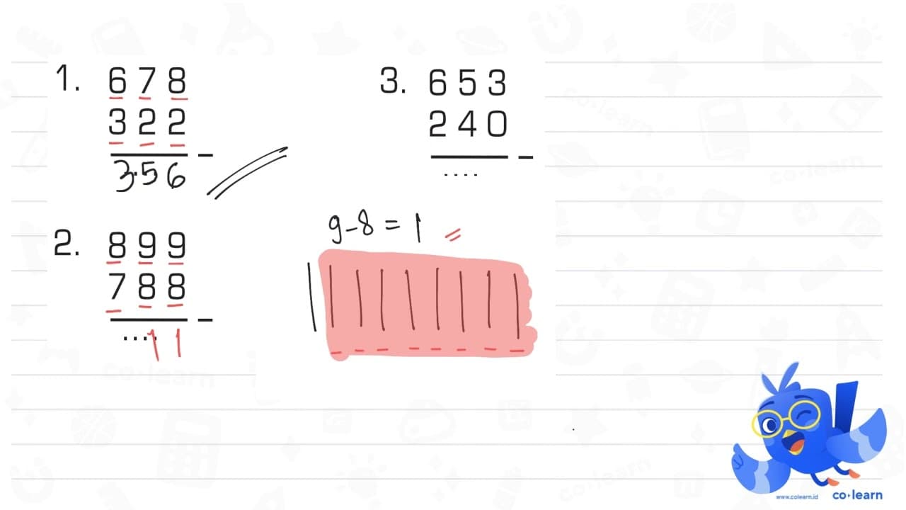 1. 678 - 322 = ... 2. 899 - 788 = ... 3. 653 - 240 = ...