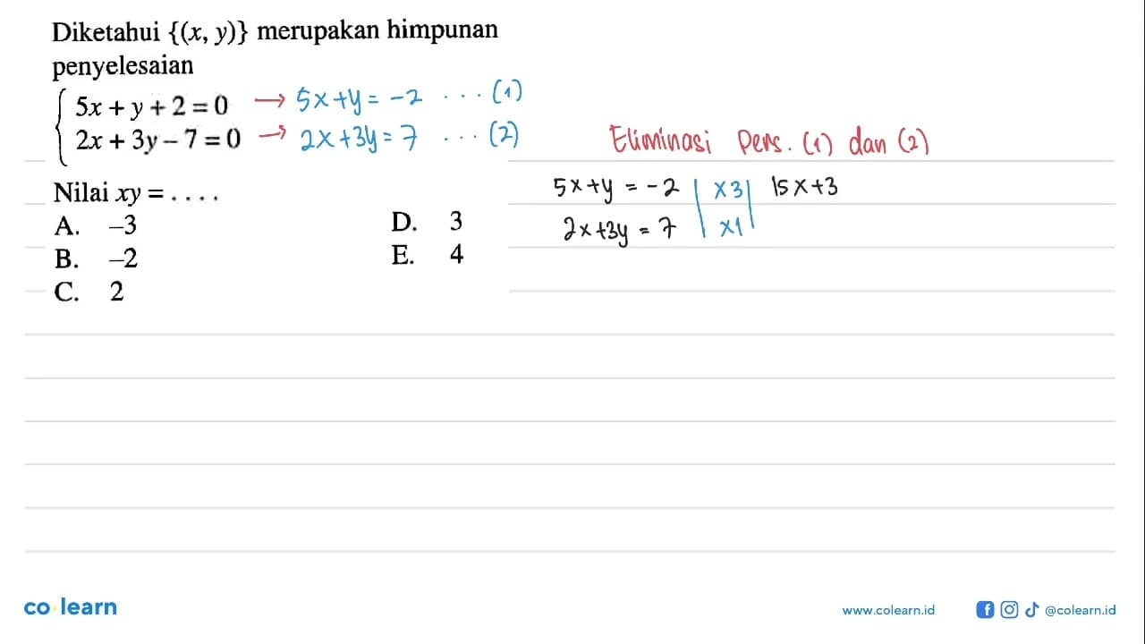 Diketahui {(x, y)} merupakan himpunan penyelesaian 5x+y+2=0