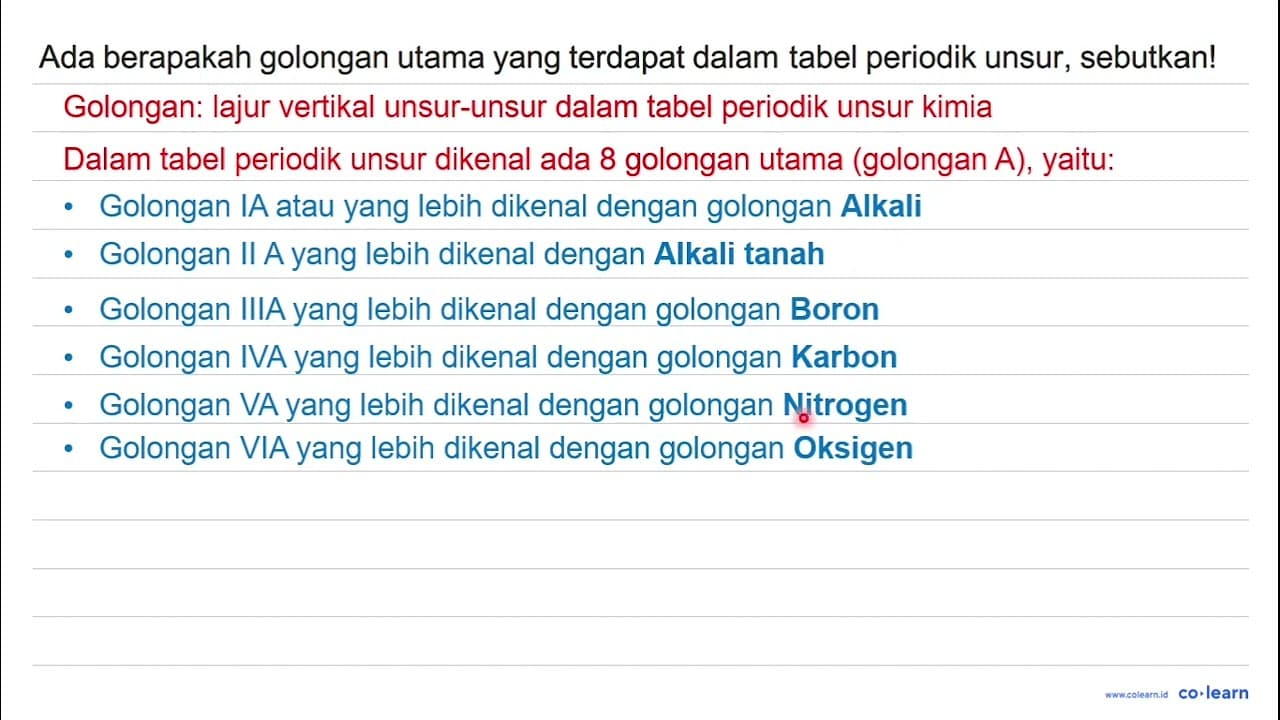 Ada berapakah golongan utama yang terdapat dalam tabel