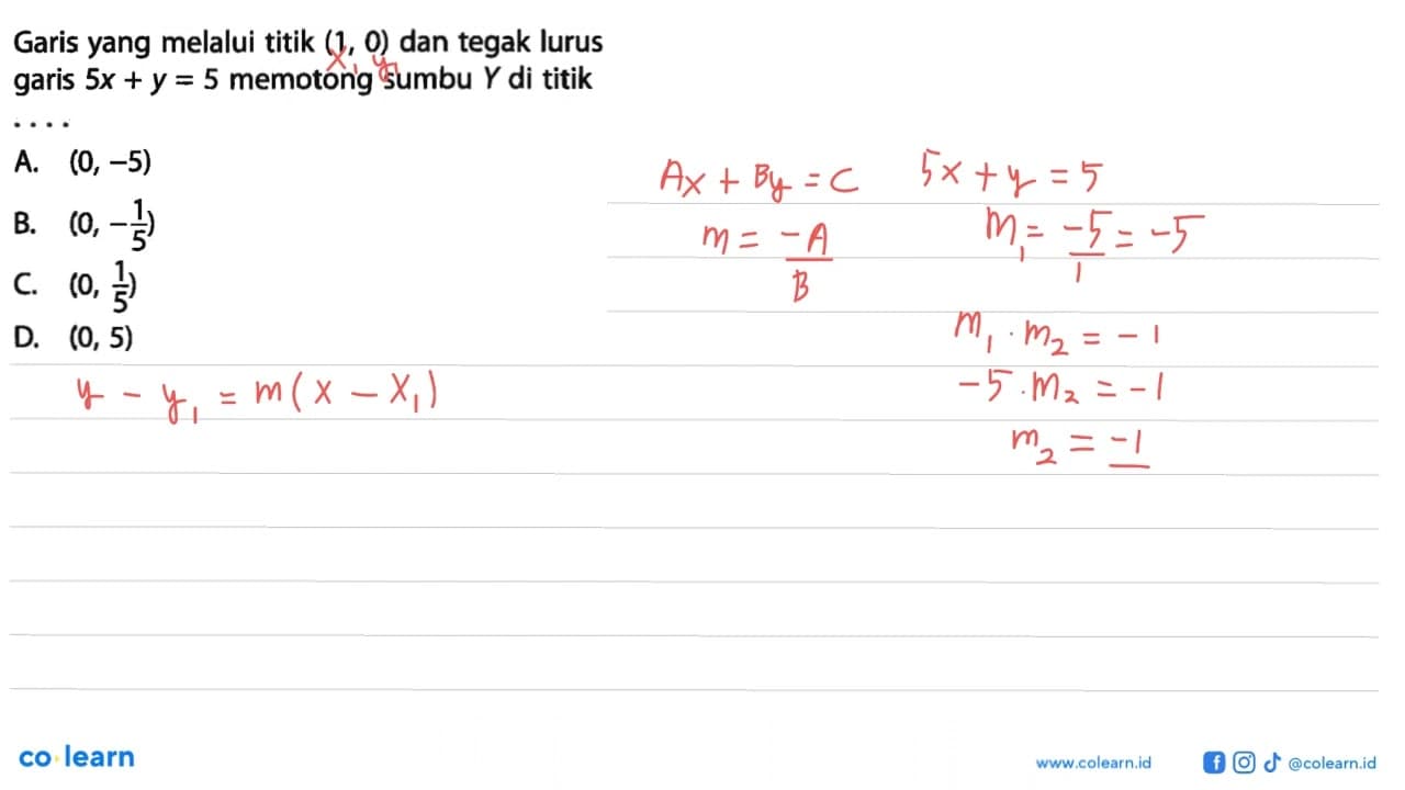 Garis yang melalui titik (1, 0) dan tegak lurus garis 5x +