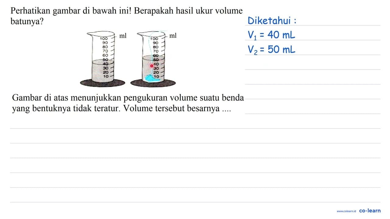 Perhatikan gambar di bawah ini! Berapakah hasil ukur volume