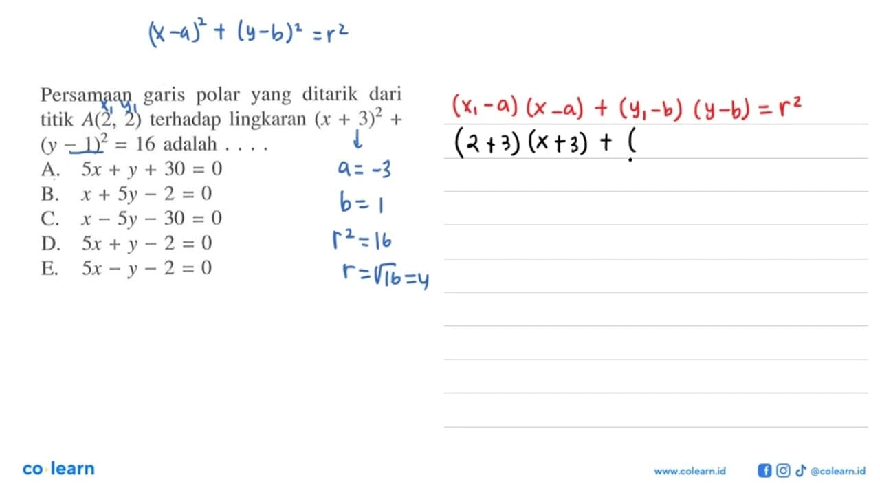 Persamaan garis polar yang ditarik dari titik A(2,2)