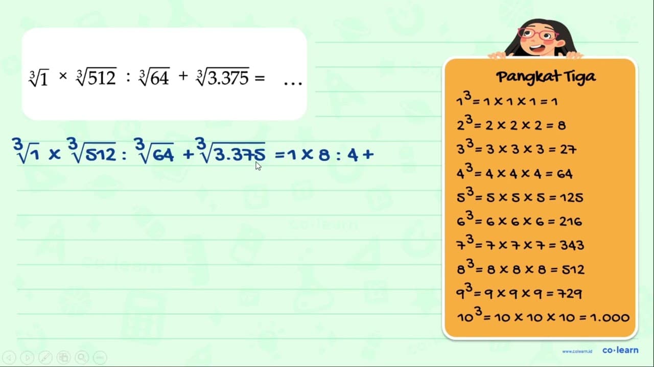 1^(1/3) x 512^(1/3) : 64^(1/3) + 3.375^(1/3) = ...