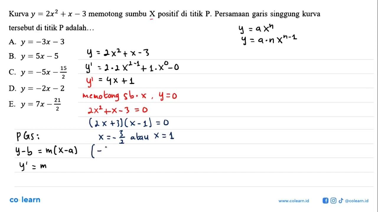 Kurva y=2x^2+x-3 memotong sumbu X positif di titik P.