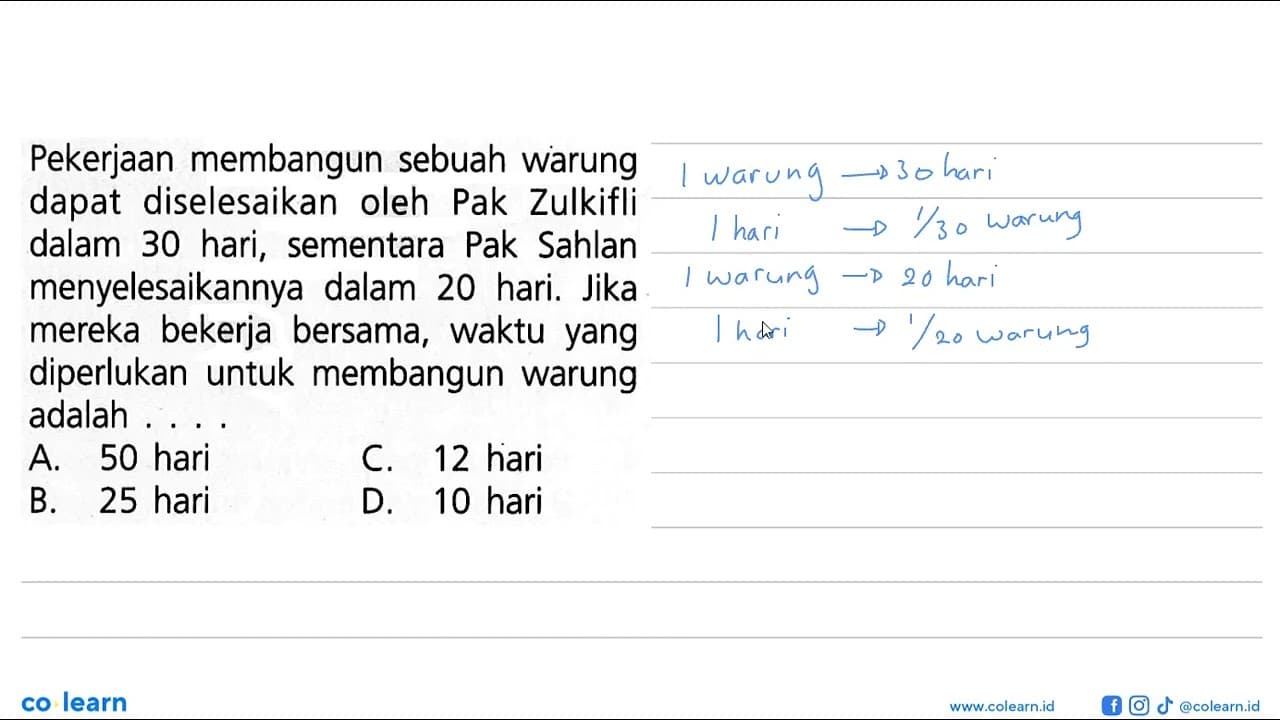 Pekerjaan membangun sebuah warung dapat diselesaikan oleh