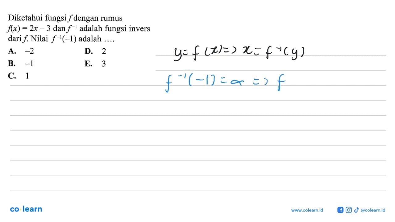 Diketahui fungsi f dengan rumus f(x)=2x-3 dan f^-1 adalah