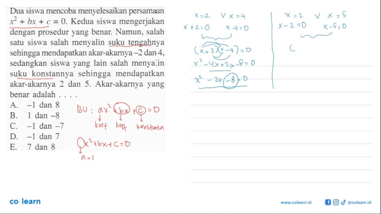 Dua siswa mencoba menyelesaikan persamaan x^2 + bx + c = 0.