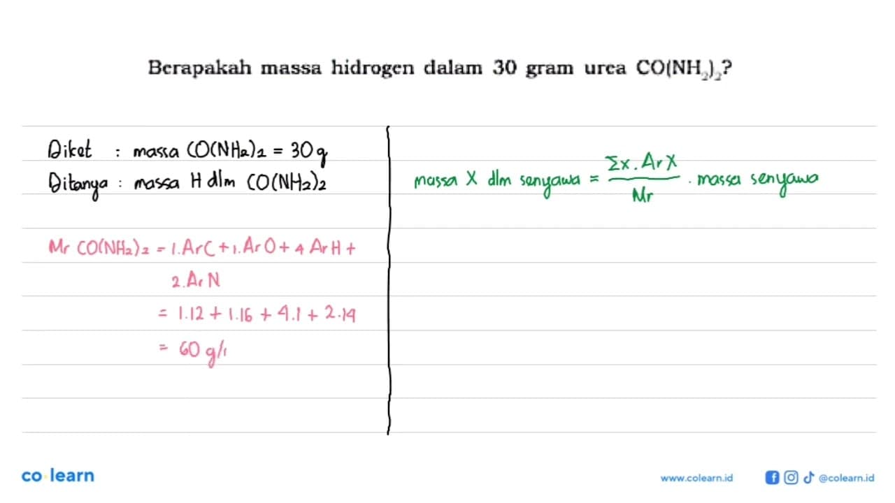 Berapakah massa hidrogen dalam 30 gram urea CO(NH2)2?