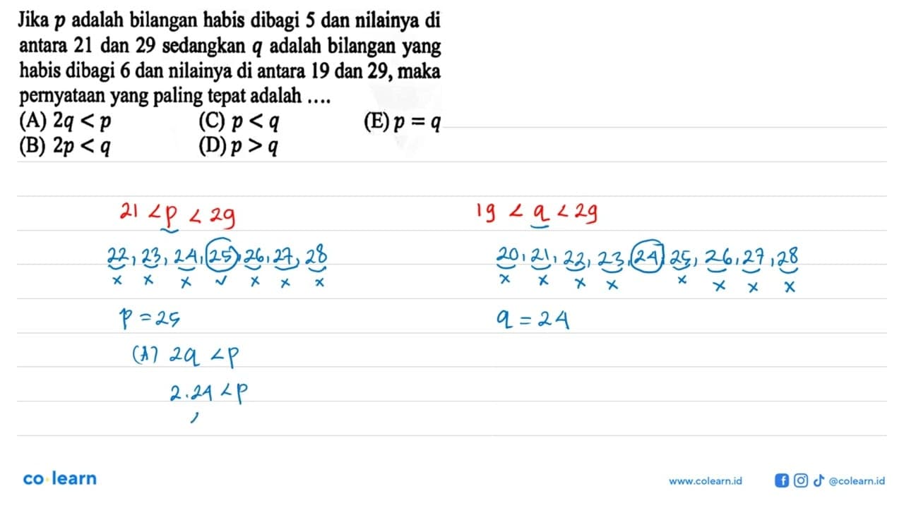 Jika p adalah bilangan habis dibagi 5 dan nilainya di