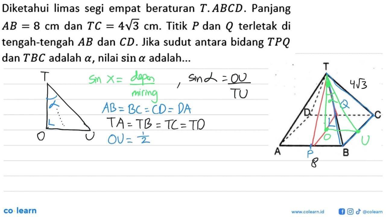 Diketahui limas segi empat beraturan T.ABCD. Panjang AB= 8