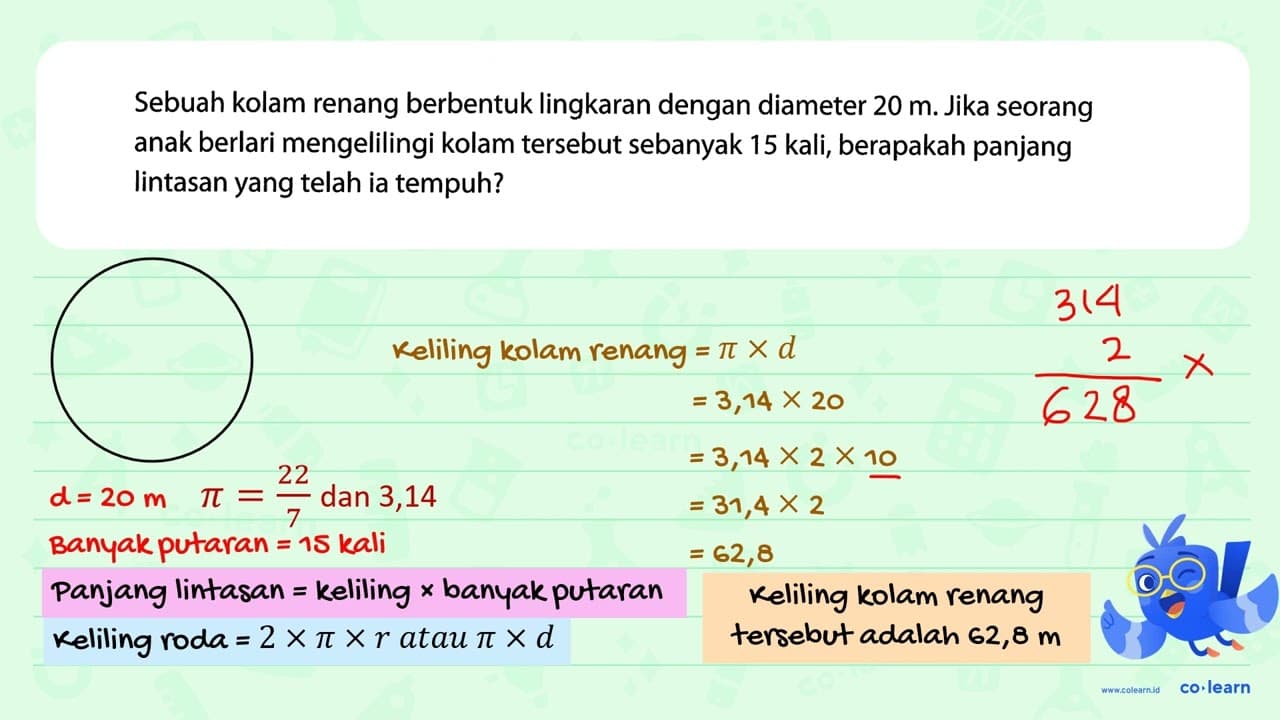 Sebuah kolam renang berbentuk lingkaran dengan diameter 20