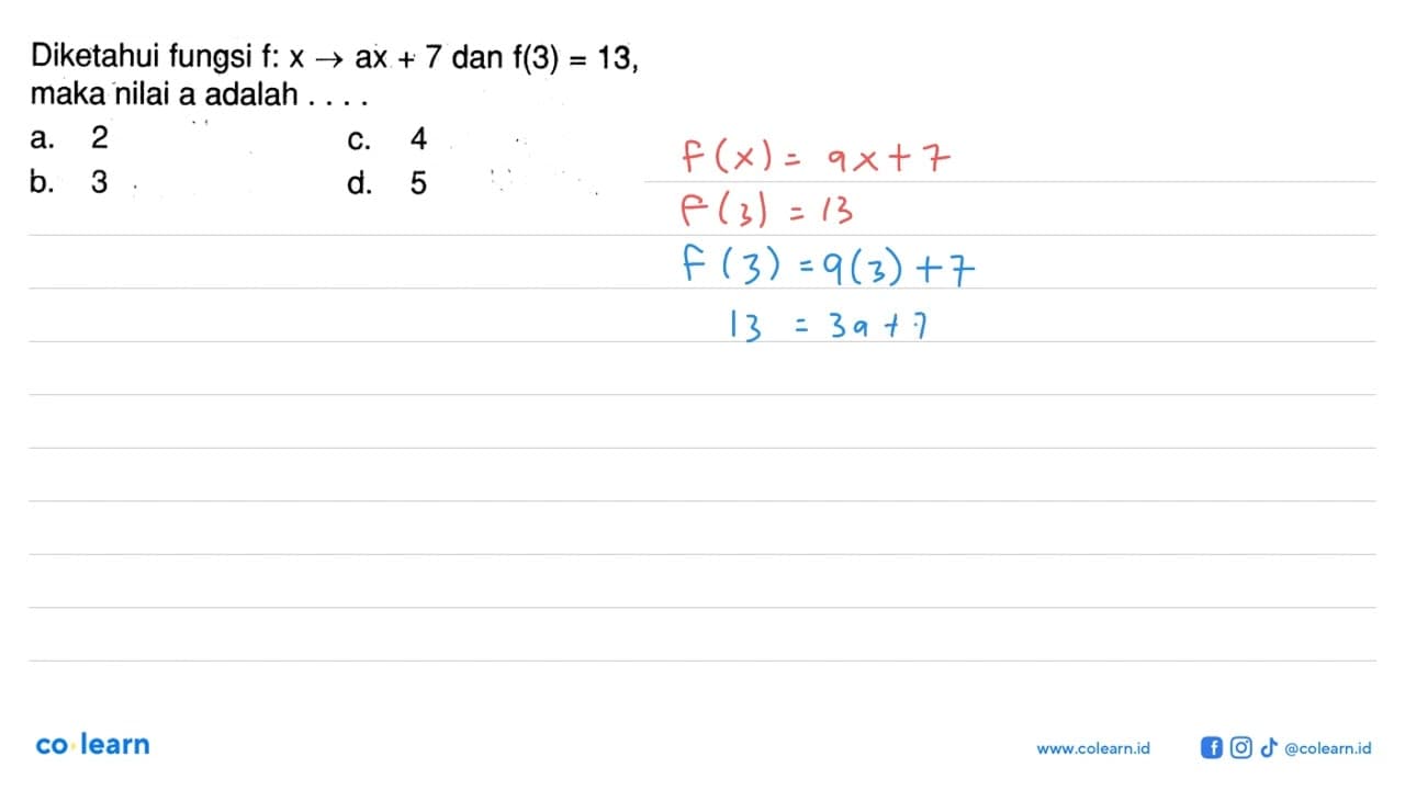 Diketahui fungsi f: x -> ax + 7 dan f(3) = 13, maka nilai a