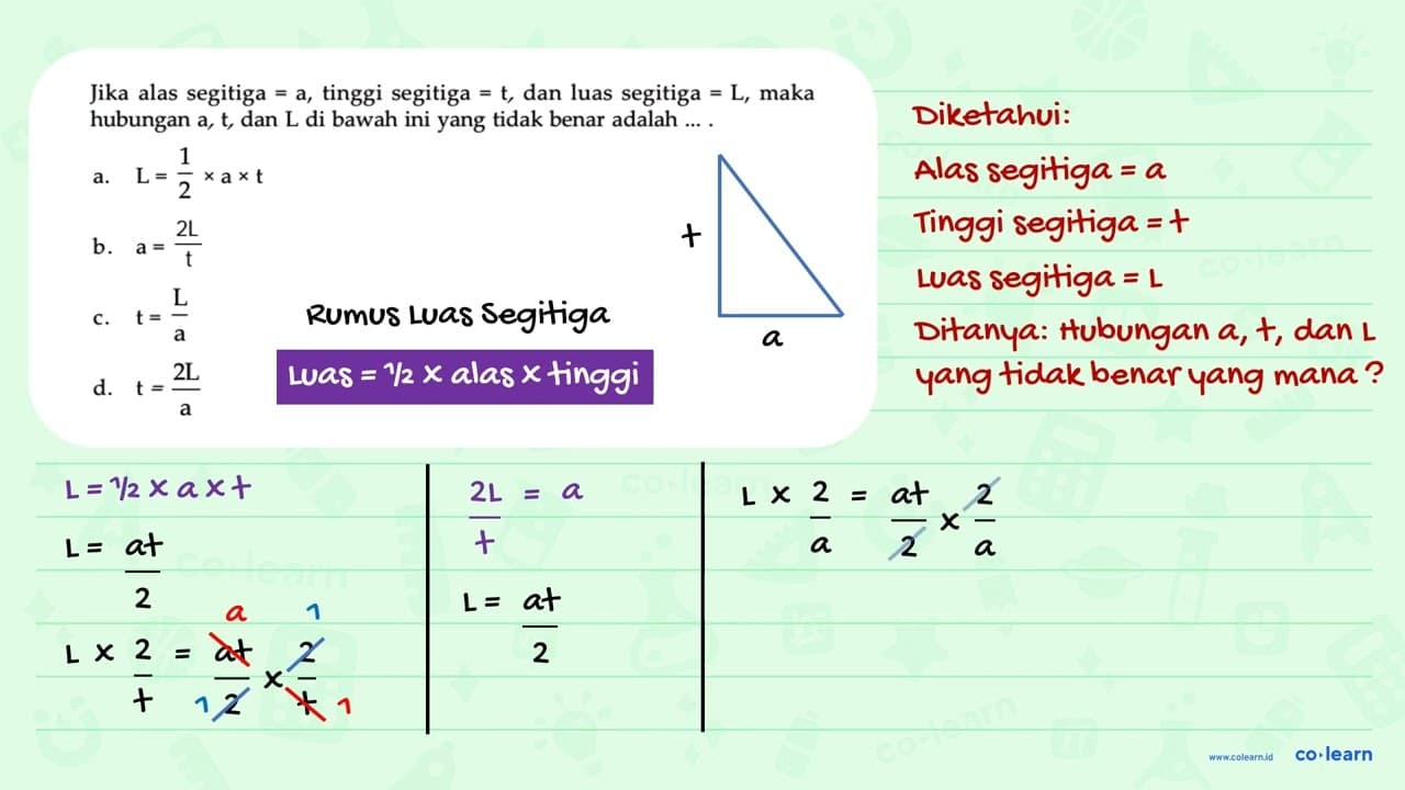 Jika alas segitiga = a, tinggi segitiga = t, dan luas