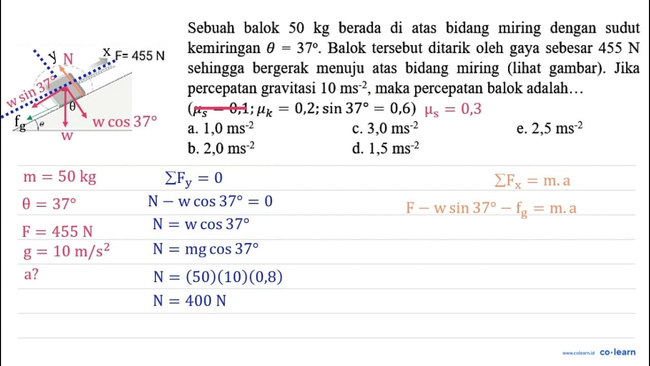 Sebuah balok 50 kg berada di atas bidang miring dengan