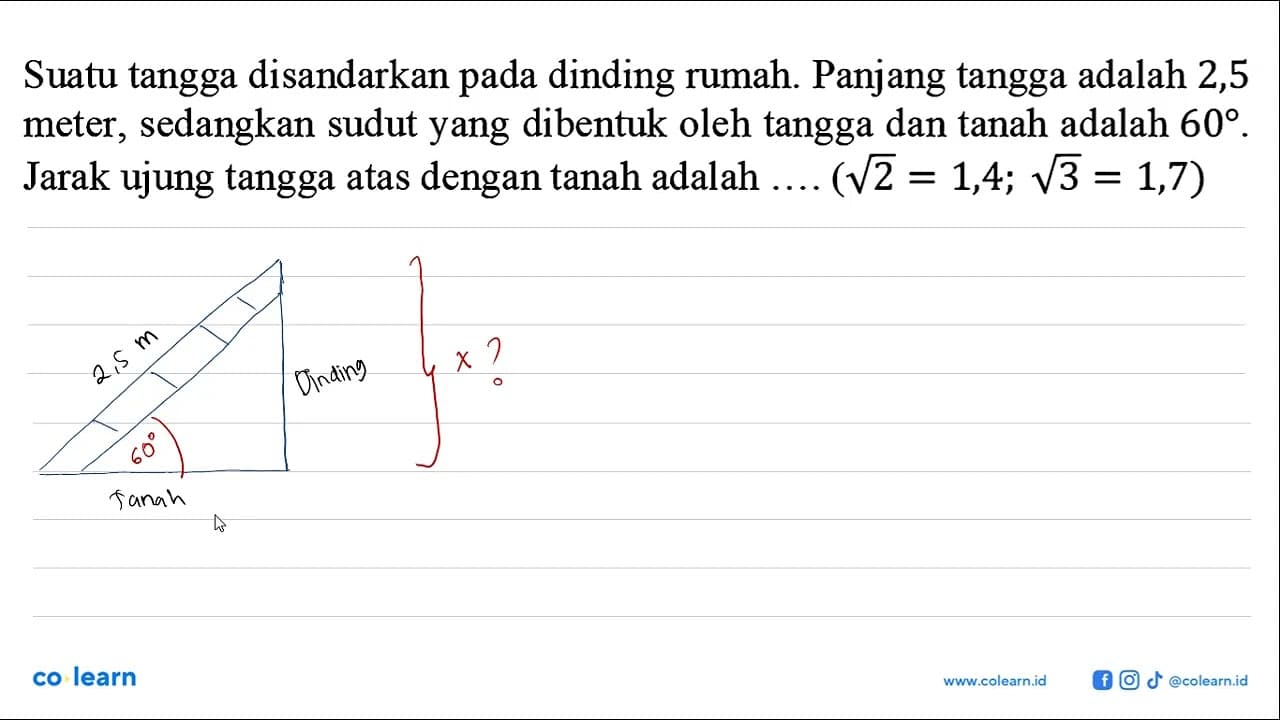 Suatu tangga disandarkan pada dinding rumah. Panjang tangga