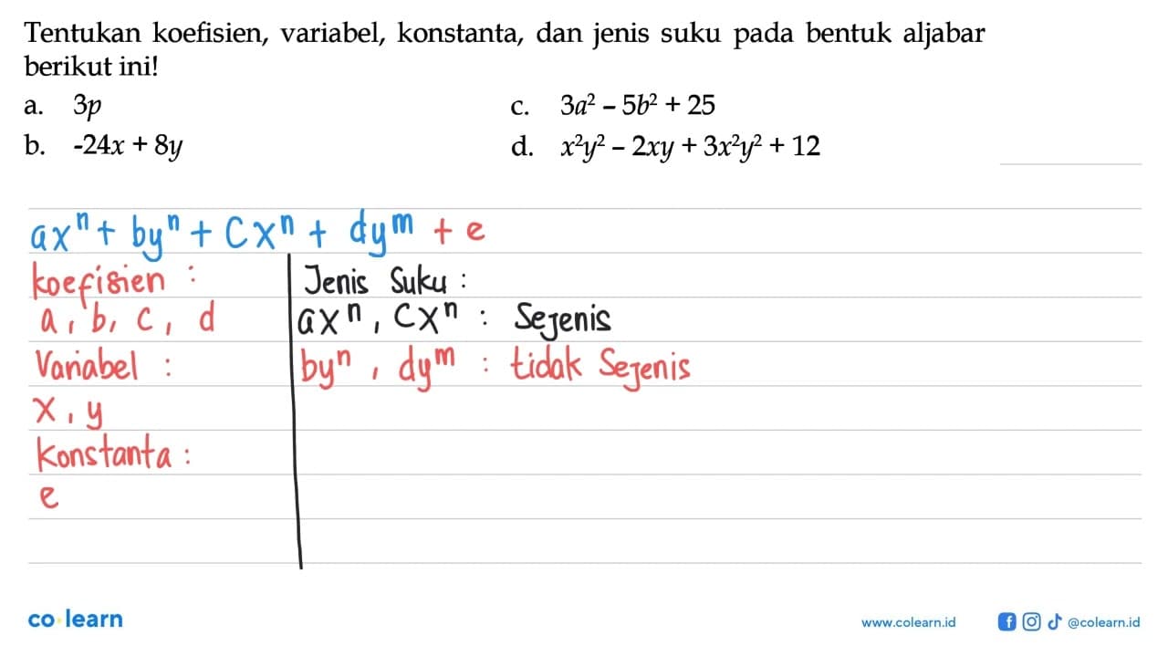 Tentukan koefisien, variabel, konstanta, dan jenis suku