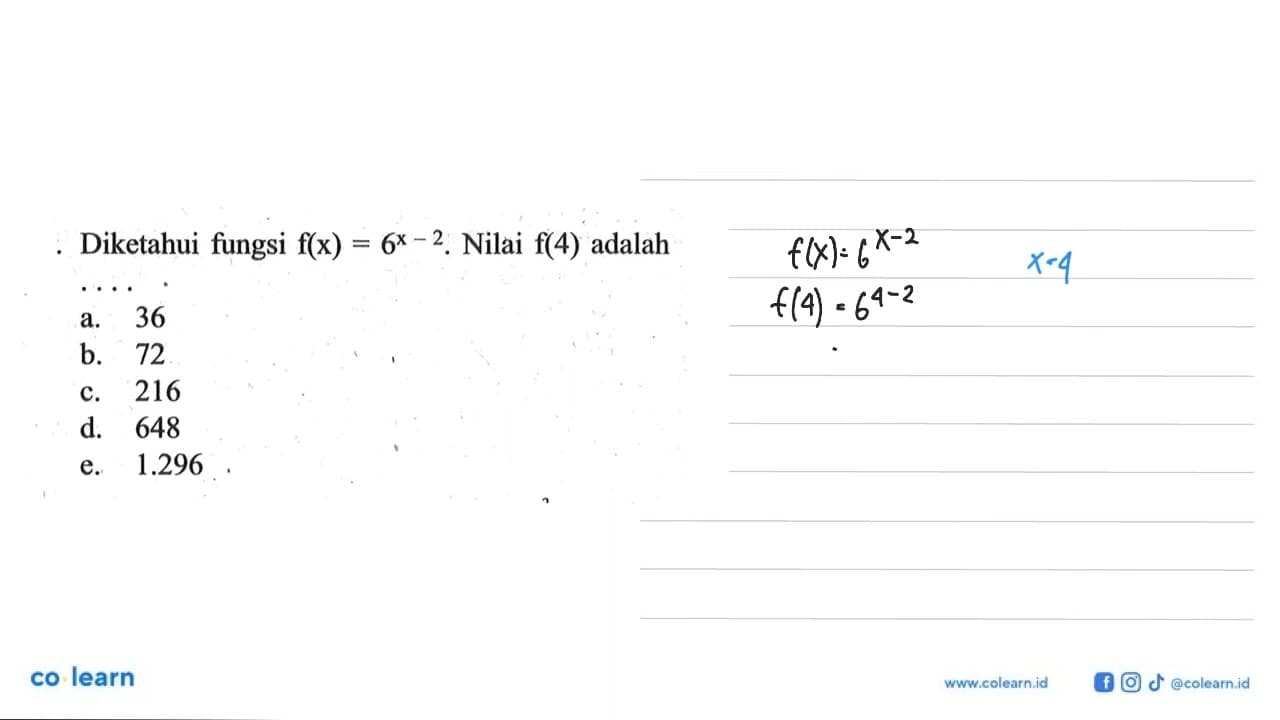 Diketahui fungsi f(x) = 6^(x-2). Nilai f(4) adalah....