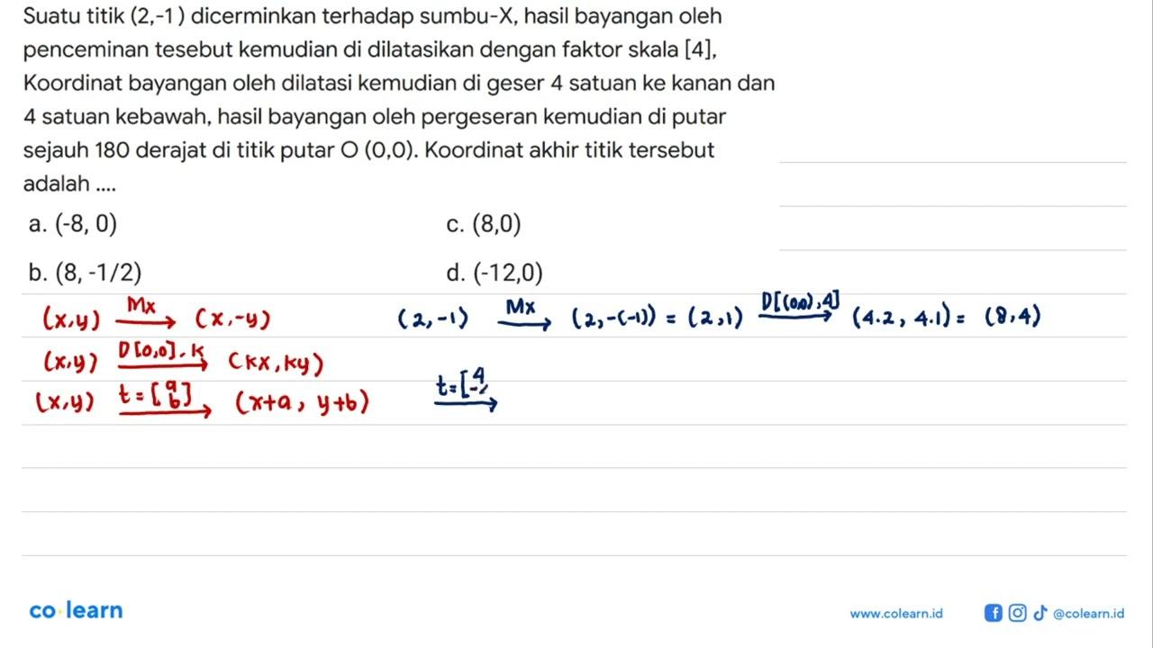 Suatu titik (2,-1) dicerminkan terhadap sumbu-X, hasil