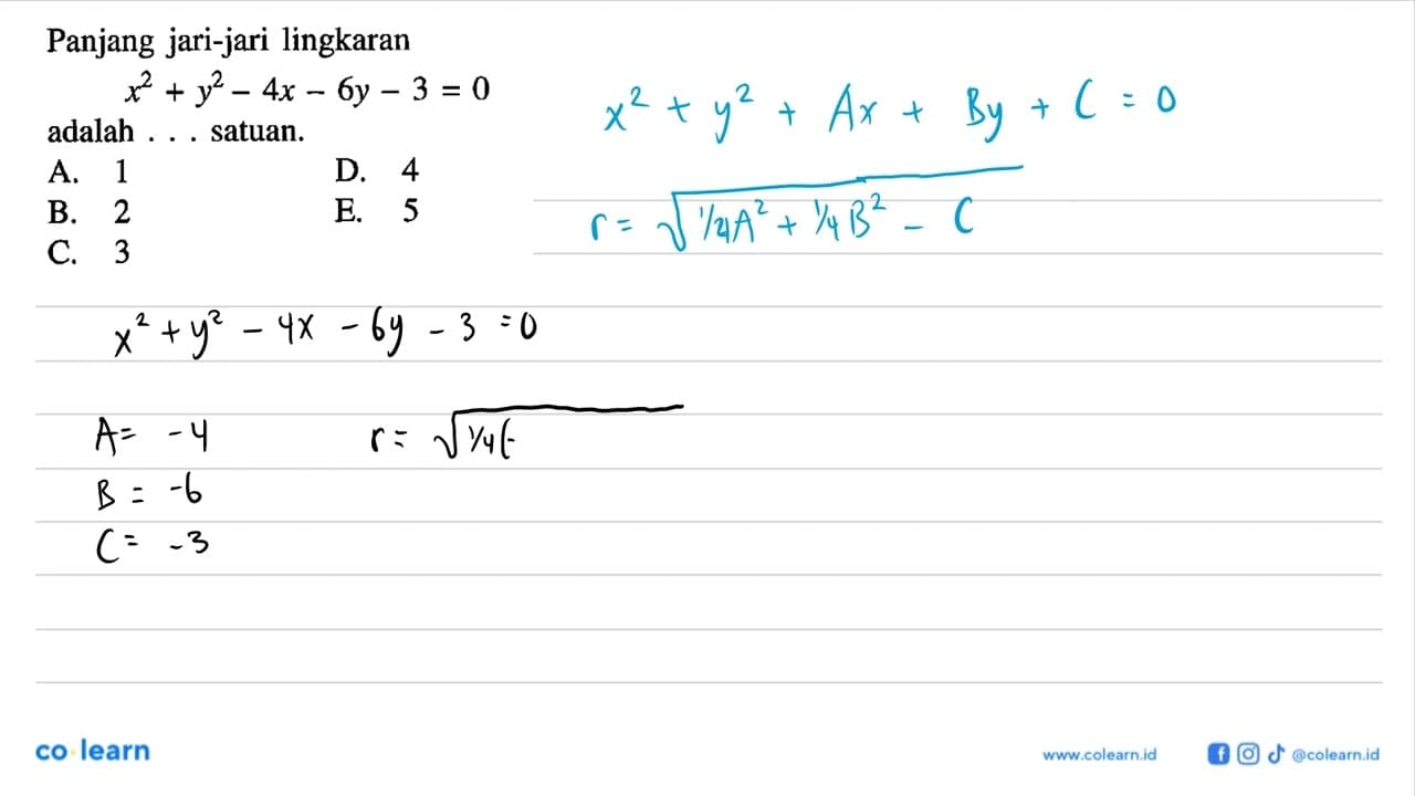 Panjang jari-jari lingkaran x^2+y^2-4x-6y-3=0