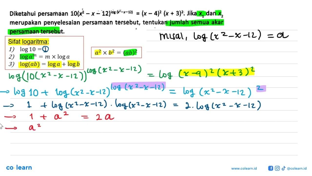 Diketahui persamaan 10(x^2-x-2)^(log(x^2-x-12)=(x-4)^2