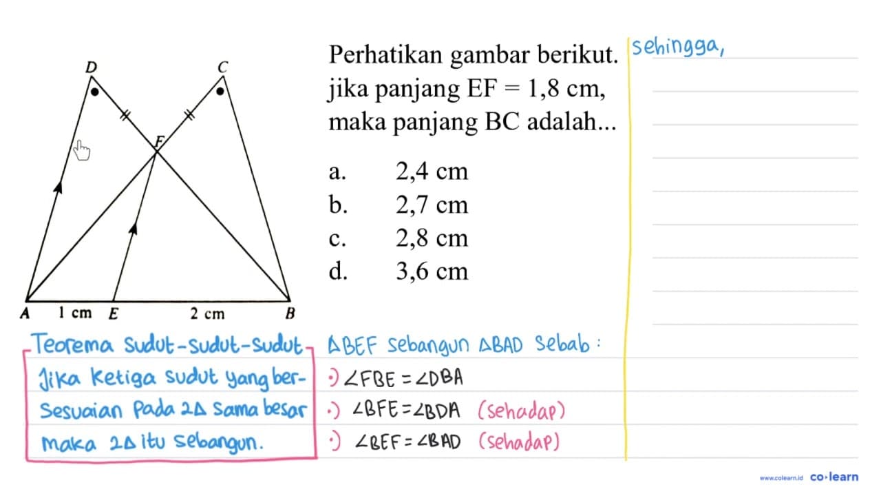 Perhatikan gambar berikut. jika panjang EF=1,8 cm, maka