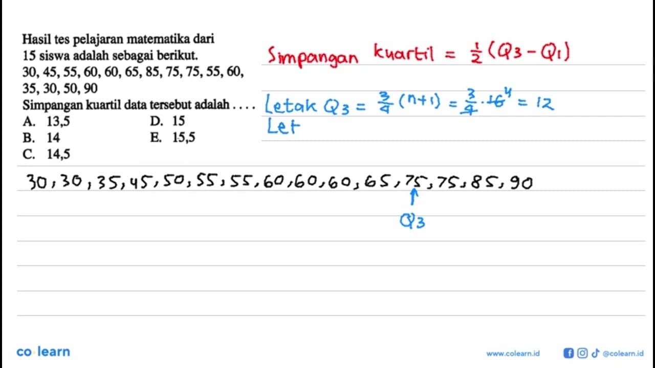 Hasil tes pelajaran matematika dari 15 siswa adalah sebagai