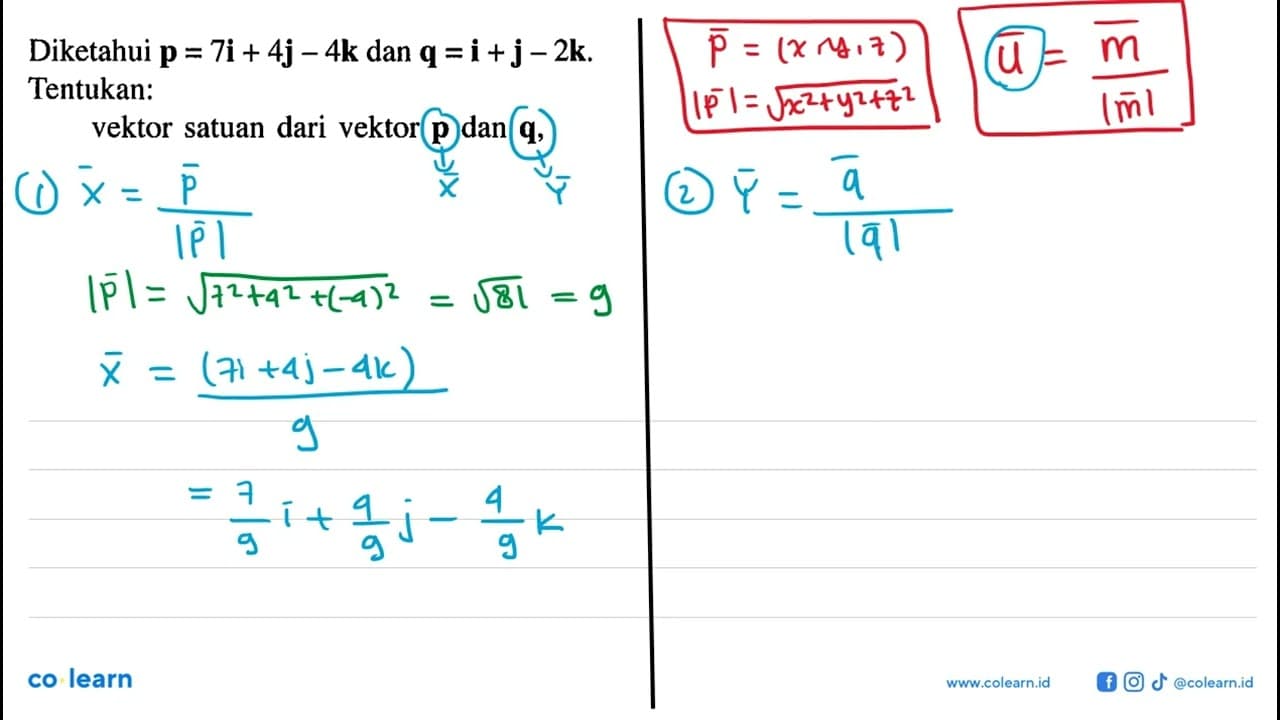 Diketahui p=7i+4j-4k dan q=i+j-2k Tentukan: vektor satuan