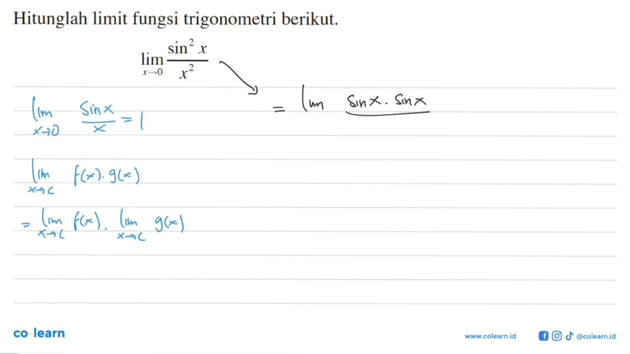 Hitunglah limit fungsi trigonometri berikut. limit x->0