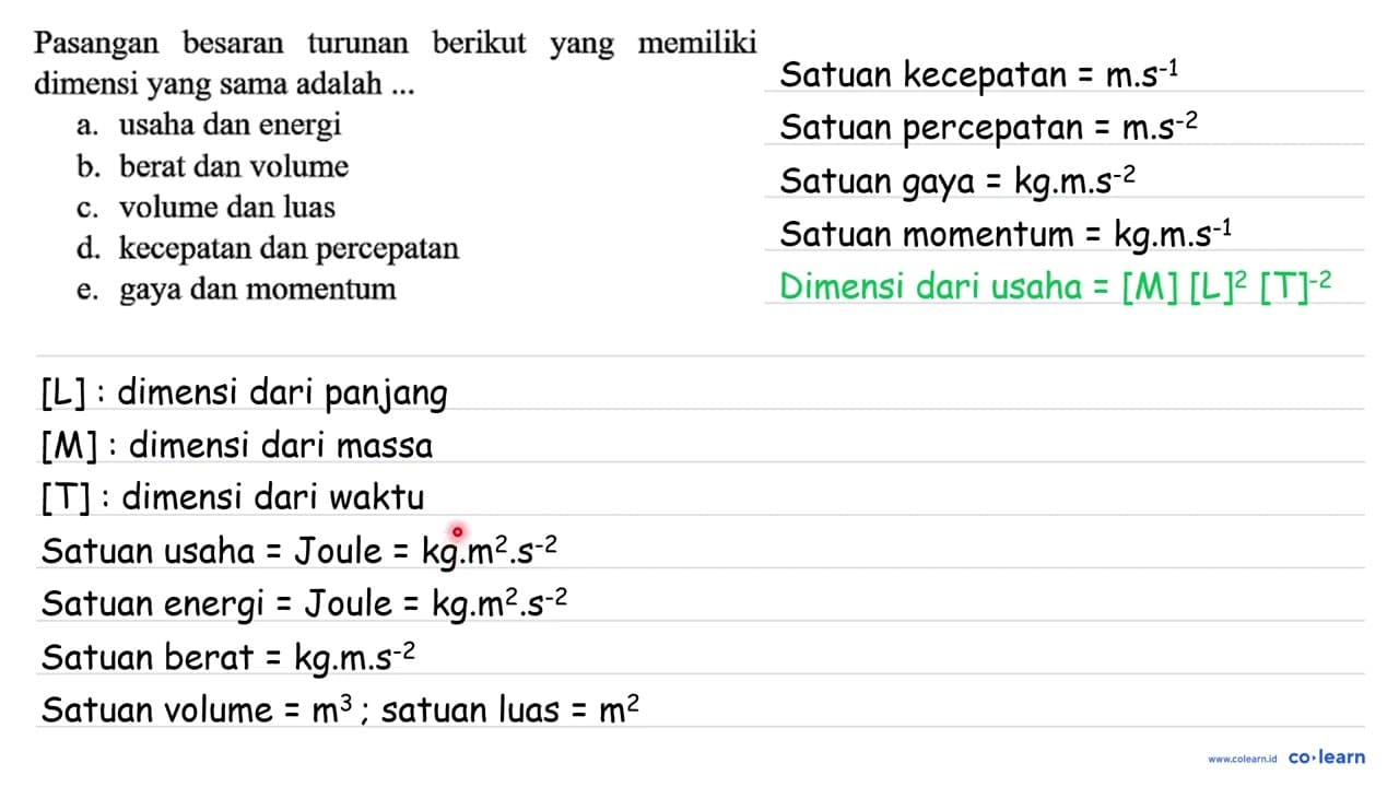 Pasangan besaran turunan berikut yang memiliki dimensi yang