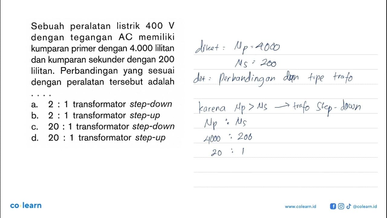 Sebuah peralatan listrik 400 V dengan tegangan AC memiliki