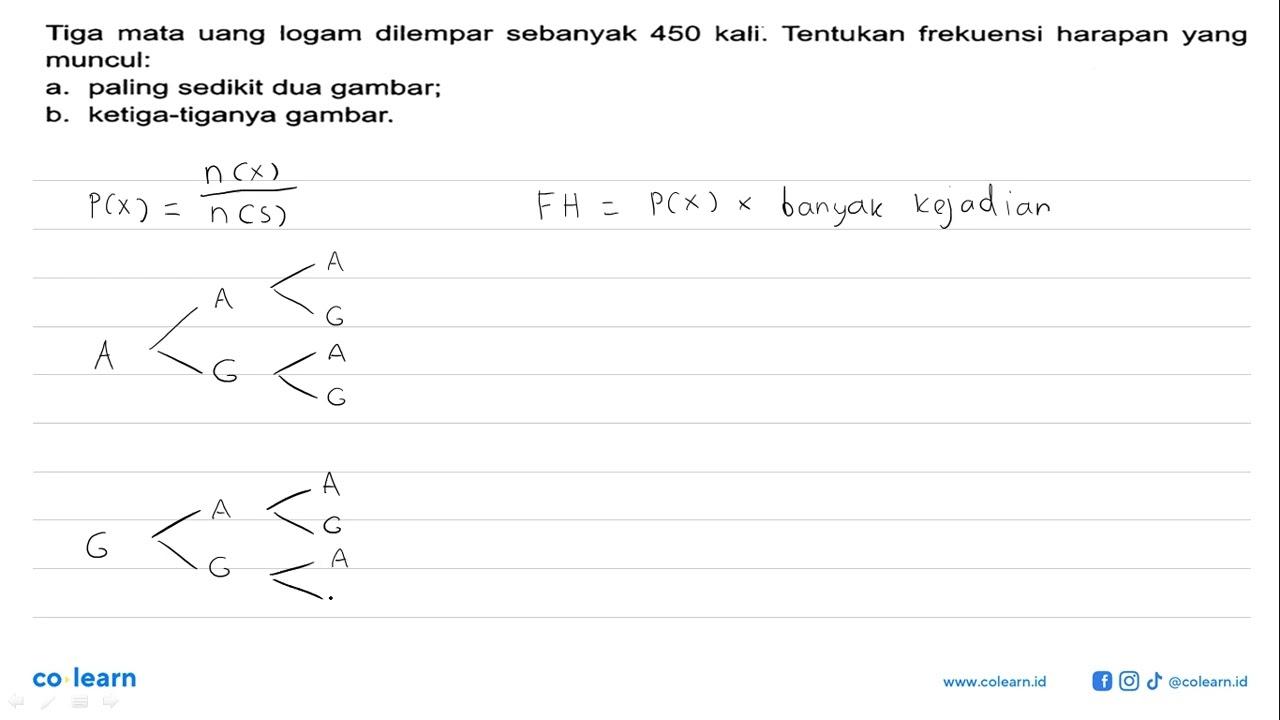 Tiga mata uang logam dilempar sebanyak 450 kali. Tentukan