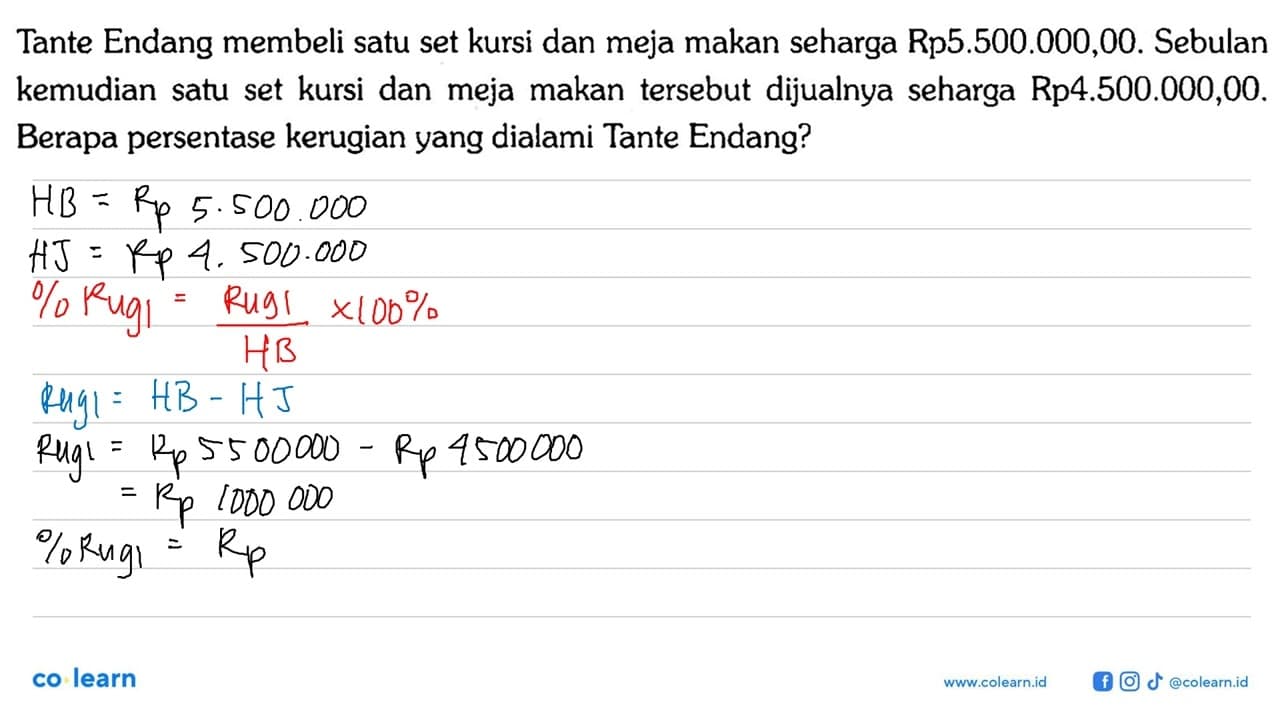 Tante Endang membeli satu set kursi dan meja makan seharga