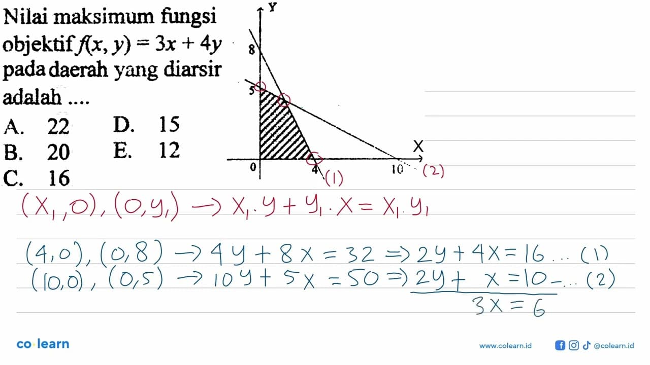 Nilai maksimum fungsi objektif f(x,y)=3x+4y pada daerah