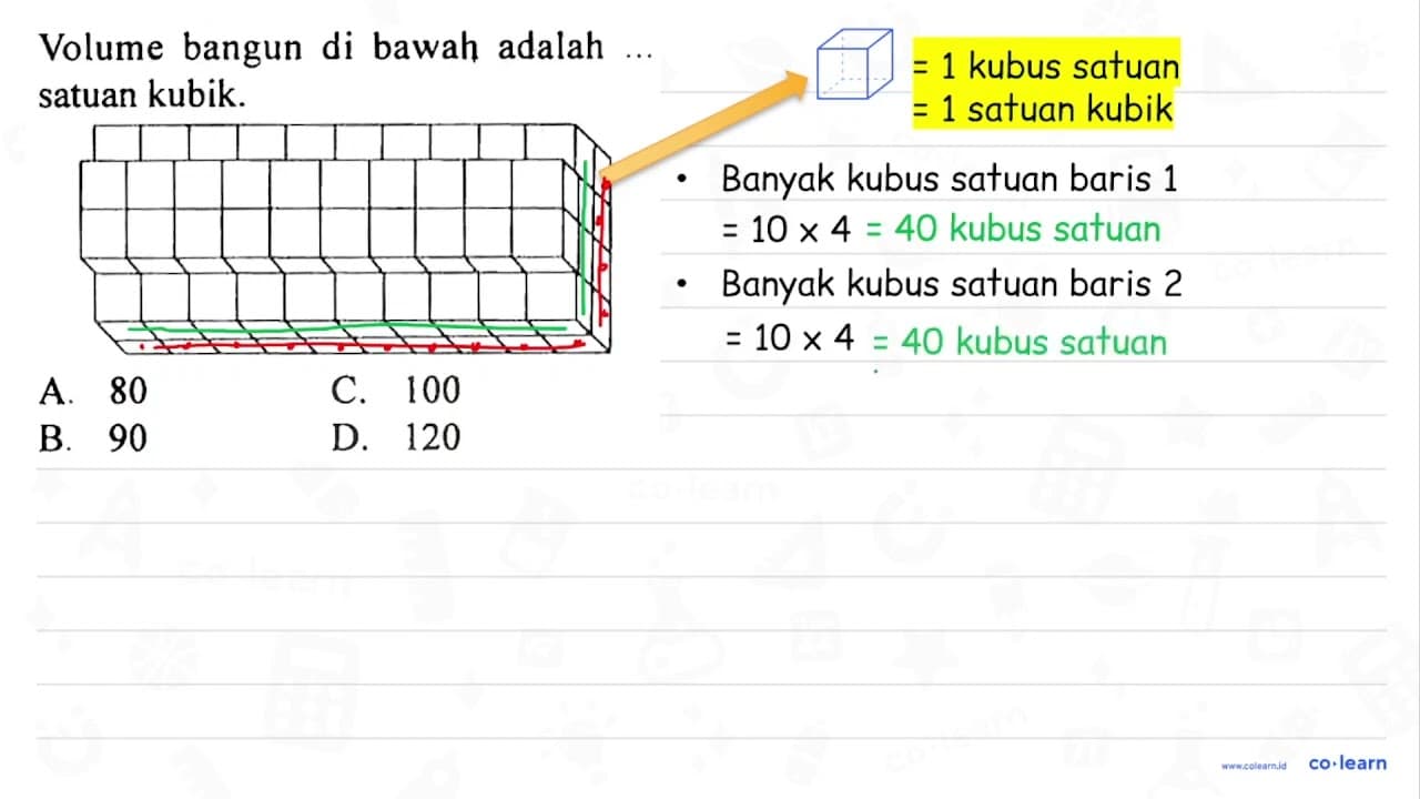 Volume bangun di bawah adalah ... satuan kubik. A. 80 C.