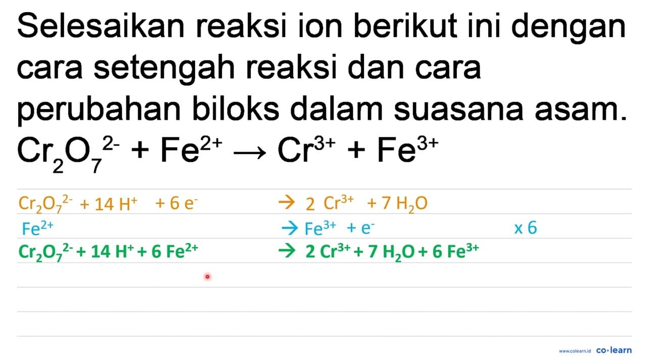 Selesaikan reaksi ion berikut ini dengan cara setengah