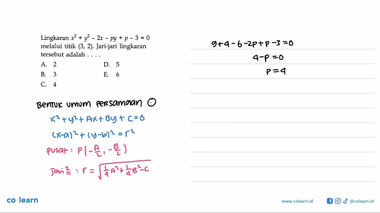 Lingkaran x^2+y^2-2x-py+p-3=0 melalui titik (3,2).