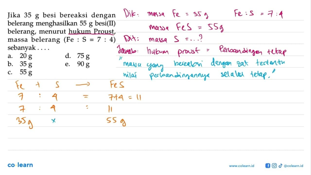 Jika 35 g besi bereaksi dengan belerang menghasilkan 55 g