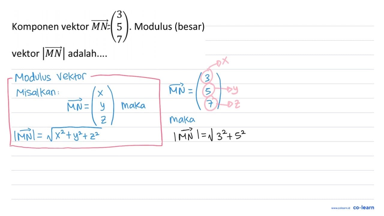 Komponen vektor MN (3 5 7). Modulus (besar) vektor |MN|