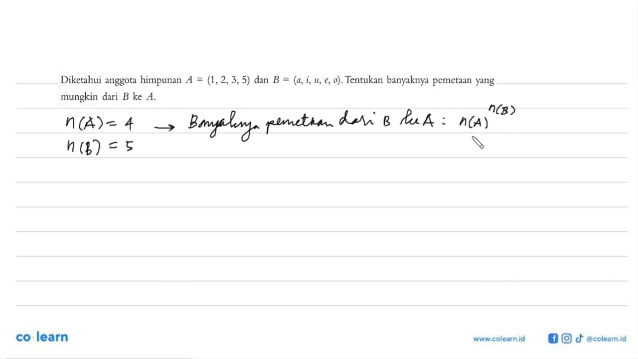 Diketahui anggota himpunan A = (1,2,3, 5) dan B = (a,i, u,